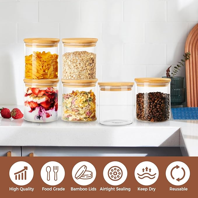 25oz Glass Storage Containers with Lids, Clear Glass Jars for Food Storage, Kitchen Pantry Organizers and Storage Jars, For Overnight Oatmeal, Spice Jar, Cereal, Coffee (Set of 6)
