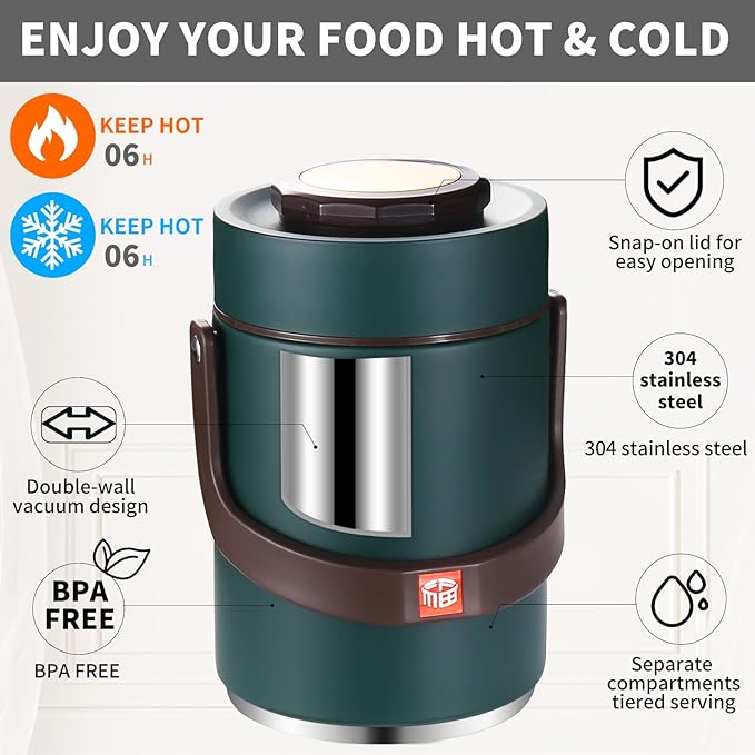 67 Oz Adults Stainless Steel Vacuum Soup Thermos For Hot Food with Inserts Stackable Bento Box and Lunch Bag,Width Mouth Portable Nsulated Food Jar Lunch Container (green, 67 oz)