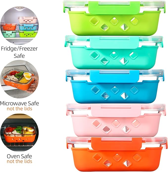 5 Pack Glass Meal Prep Containers 3 Compartment with Lids, Divided Glass Storage Containers with Silicone Sleeve for Lunch, Leak-Proof Portion Control Food Containers, Dishwasher Safe, 34 oz