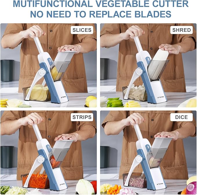 5 in 1 Safe Mandoline Slicer for Kitchen, Safe Vegetable Chopper with Paring Knife, Adjustable Thickness, Easy to Clean, Vegetable Slicer, Slicing, Strips, Shredding, Dicing, Chop (Haze Bluen)