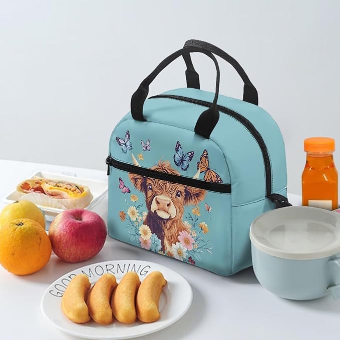 Showudesigns Highland Cow Lunch Bags for Girls 8-10 10-12 Insulated Lunch Box Women Food Cooler Tote Bags with Shoulder Straps Lunchbox Containers Butterfly Travel Bag Picnic Bags