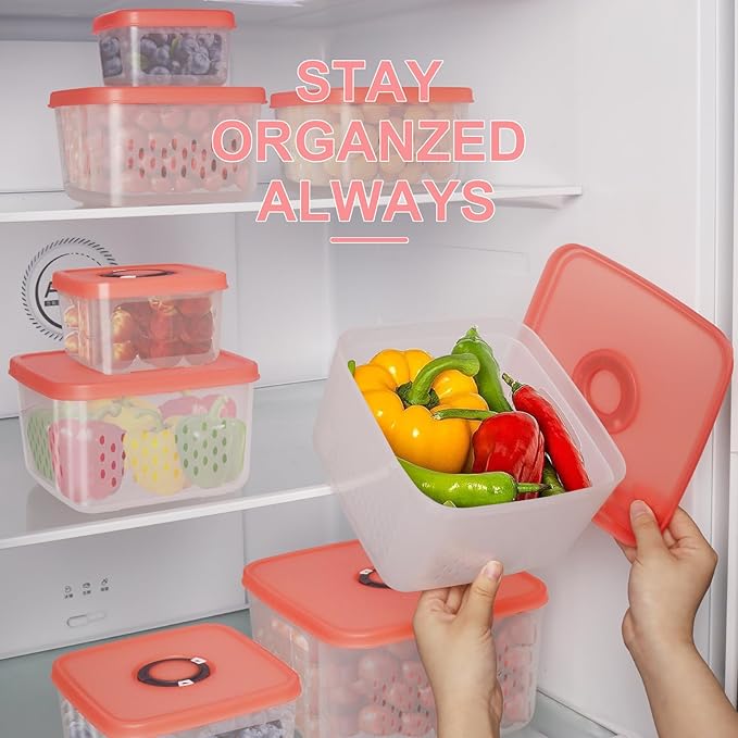 6 PCS Fruit Storage Containers for Fridge with Lids, BPA-Free, Produce Storage Containers with Removable Colander, Dishwasher & Microwave Safe for Salad Berry Lettuce Keeper