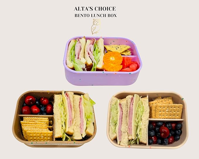 ALTA'S CHOICE SILICONE BENTO LUNCH BOX (BROWN) Leak-Proof Lunchbox, 3 Compartments. BPA, Phthalate, Lead, & PVC Free. Bento Lunch Box for Kids and Adults. Microwave, Dishwasher Safe, Reusable.