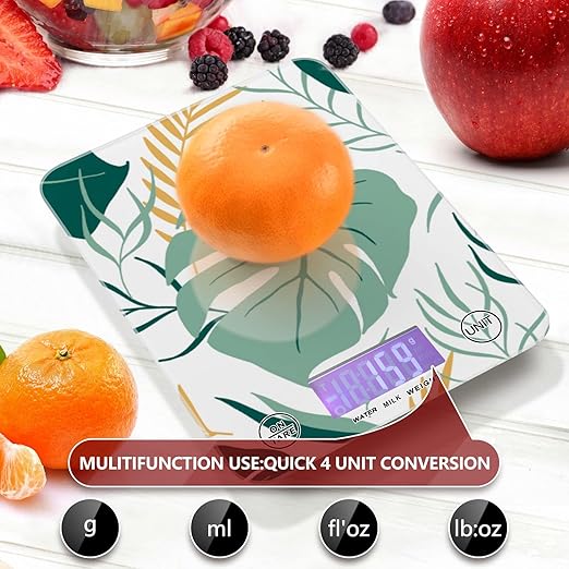 Food Scale Kitchen Digital Scale Food Ounces and Grams Dieting Baking Cooking Waterproof Glass Panels LCD Display,4 Units Scale Tare Function Palm Leaves