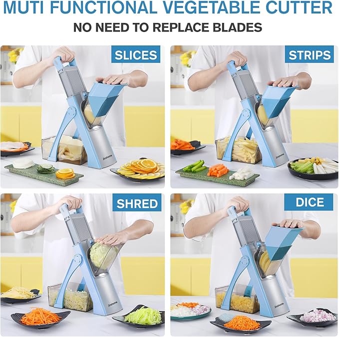 Upgrade Safe Mandoline Slicer Plus, Vegetable Potato Slice and Food Chopper Adjustable Thickness French Fries Cutter, Kitchen Chopping Artifact (Blue)