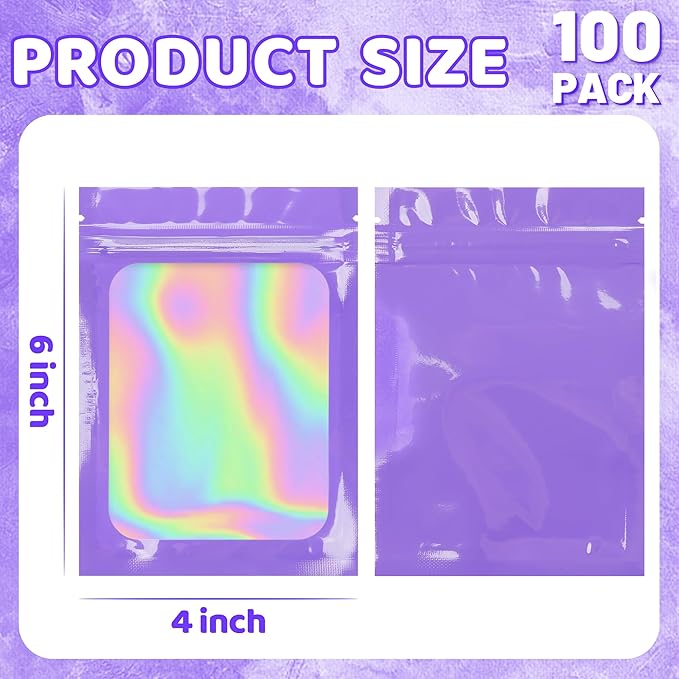 100 Pcs Mylar Bags Purple Holographic Bags with Clear Window Sealable Bags for Food Storage Resealable Bags for Small Business(4×6Inch)