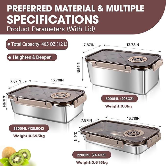 Large Food Containers with Lids Meal Prep Container Airtight Pantry Kitchen Storage Containers Set Reusable Stainless Steel Bowl for Home, Travel, Work, Party, Leftovers (203OZ+128OZ+74OZ)