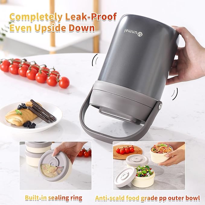 Adults Lunch Vacuum Soup Thermos For Hot Food with Inserts Stackable Bento Box Storage Container,Width Mouth Stainless Steel Portable Insulated Food Jar (grey, 74 oz)