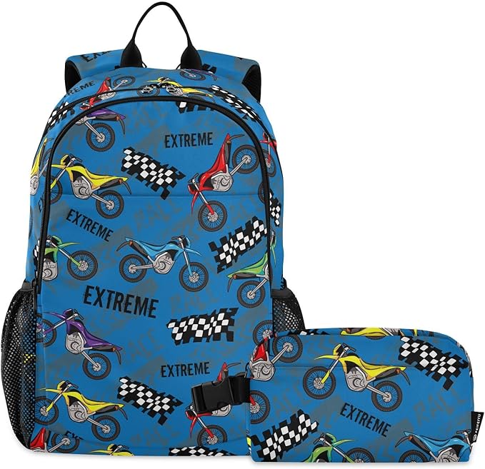 Emelivor Motorcycles Kids Backpack for Girls Boys School Bookbag with Insulated Lunch Box for Hight Middle School Book Bag