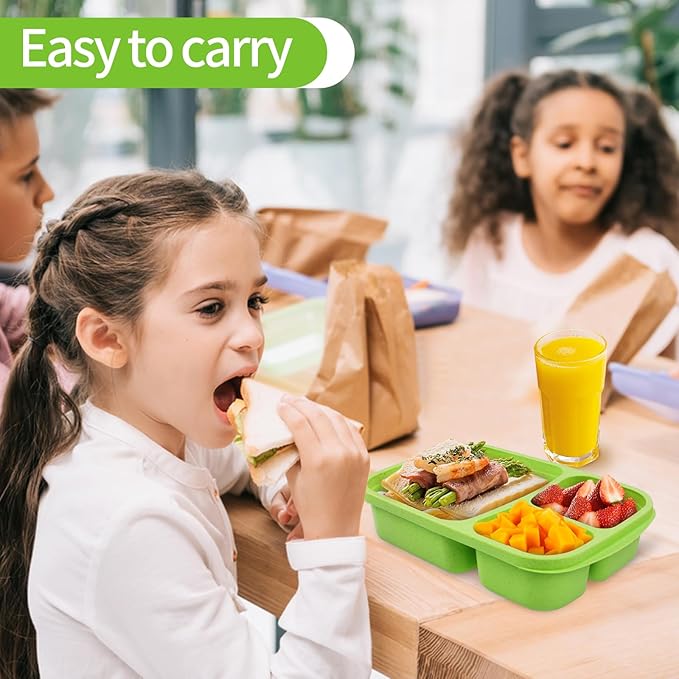 8 Pack Bento Lunch Box Set 3 Compartment Wheat Straw Meal Prep Food Storage Containers Plastic, Microwave and Dishwasher Safe (Jewel Brights)