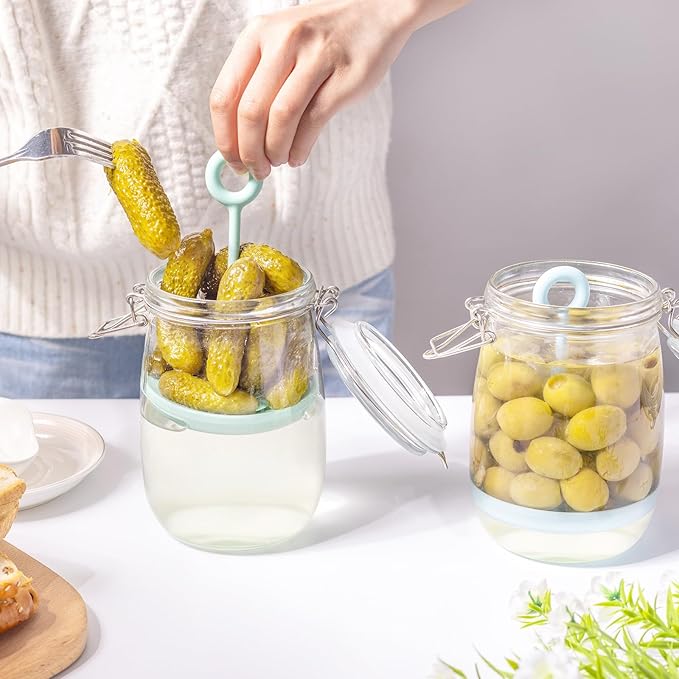 2 Pack Glass Pickle Jar with Strainer, 34 OZ Pickle Storage Container Keeper with Lift Strainer, Juice Separator Jar with Leak Proof Airtight Lid for Olive Gherkin Jalapeno Mothers Day Gifts