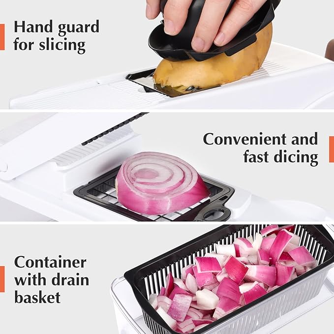 KEOUKE Vegetable Chopper 16in1 Veggie Chopper Slicer Cutter Food Dicer with Container Hand Guard Draining Basket, Pro White