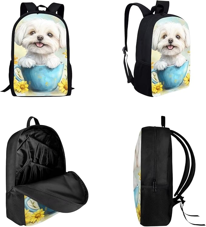 Dolyues Sunflower White Dog Girls BackpackSet: 17 Inch School Bag with Name Tag, Coordinating Lunch Box Bag & Butterfly Pencil Case - Perfect for Birthday & Back-to-School