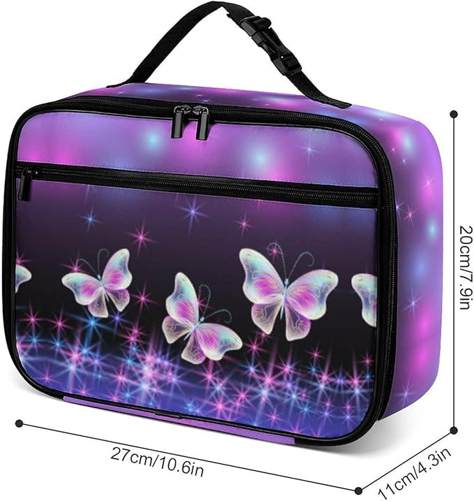 Butterflies and Sparkle Stars Reusable Lunch Box Insulated Lunch Bag Cooler Bag Lunchbox Meal Food Container Tote Bag for Women Kids Girls School Camping Hiking Picnic Beach Travel