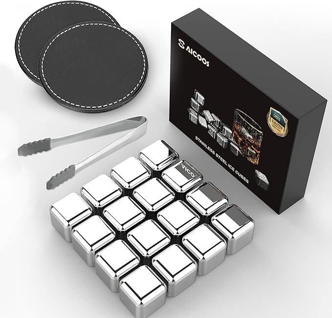 16 Pack Reusable Stainless Steel Ice Cubes for Drinks - Metal Whiskey Stones, High Cooling Technology, for Whiskey, Vodka, Liqueurs, Wine, Beverage Juice or Soda, Pack of 16