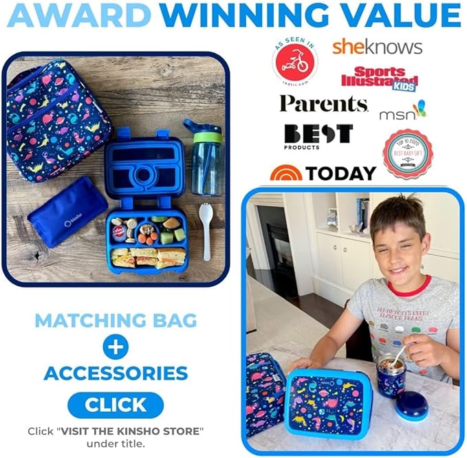 Bento Lunch Box for Kids with Stainless Steel Thermal Food Jar for Hot Food Soup, Insulated Lunch Bag and Ice Pack Set, Lunch Container Boxes with 4 Compartments, Blue Rocket Dinosaur