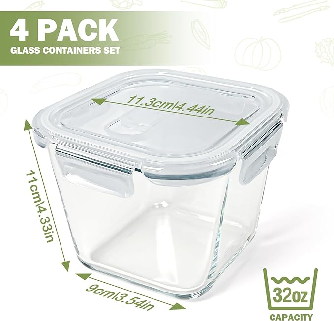 Glass Soup Containers with Lids 32 oz, 4 Cup Borosilicate Glass Food Storage Containers, Microwave & Freezer Safe Jars, Small Square Meal Prep Bowl for Salad, Fruit, Lunch, Ice Cream, Travel, 4 Pack