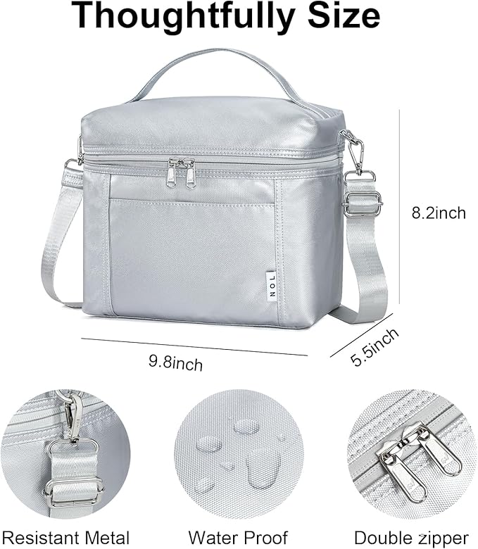 NOL Natural Organic Lifestyle Insulated Lunch Bags for Women Cooler Bag Lightweight Nylon Waterproof Lunch Box For Work (Silver, Medium(normal))