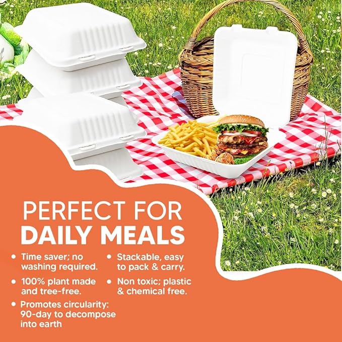 Compostable Clamshell Food Box with Lid (8x8 inch) 150-Pack | Disposable Plates | Made of Biodegradable Sugarcane Bagasse | Heavy-Duty Eco-Friendly Takeout Containers | Natural White