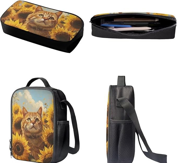 Dolyues Sunflower Cat Girls' Backpack Set 17-Inch Bookbag, Matching Lunch Tote & Sparkling Pencil Pouch Functional & Elegant for School or Travel