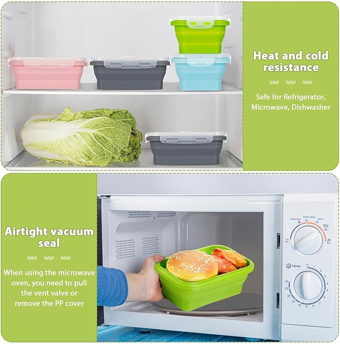 Mifoci Set of 8 Silicone Collapsible Food Storage Containers 17 oz Collapsible Meal Container Square Bowl with Vent Lids, Microwave, Freezer and Dishwasher Safe (Blue, Gray, Pink, Green)