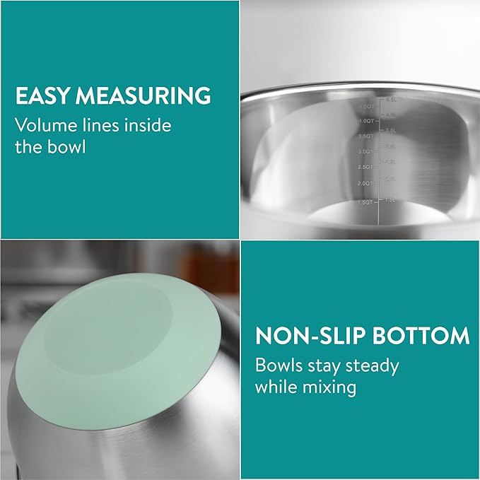 Navaris Stainless Steel Mixing Bowls with Graters (Set of 3) - Baking or Cooking Bowl Set with Lids, Grater Attachments, Non-Slip Silicone Base - Mint Green