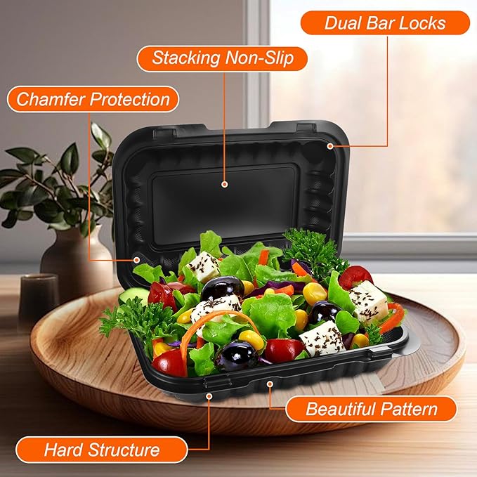 CYEAH 50 Pcs To Go Food Containers, 27 OZ Plastic Clamshell Food Containers, 9 x 6 Inch Black Take Out Food Containers, To Go Box Containers Takeout Food Trays for Meal Prep Takeout Leftovers