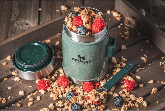 Stanley Classic Food Jar and Spork 14 oz | Vacuum Insulated Thermos Food Container | Wide Mouth Screw On Lid | Packable for Travel | Stainless Steel with Leakproof Lid | BPA-Free | Hammertone Green