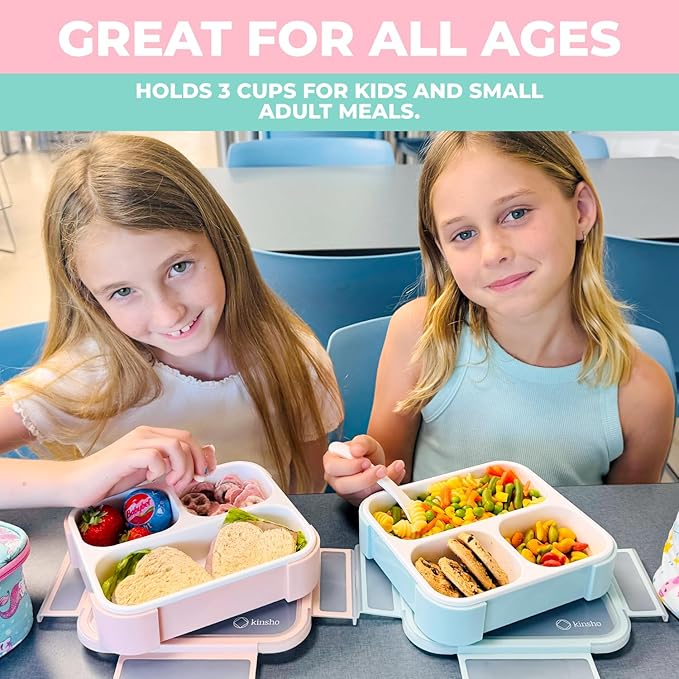 Medium Bento Box for Kids, Lunch-Box for Boys or Girls, Leakproof 3 Compartment Containers for Meal or Snack, BPA Free, 2 pack Pastel Teal + Pink