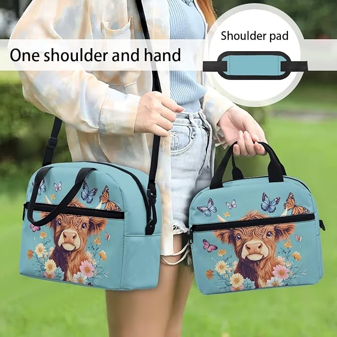 Showudesigns Highland Cow Lunch Bags for Girls 8-10 10-12 Insulated Lunch Box Women Food Cooler Tote Bags with Shoulder Straps Lunchbox Containers Butterfly Travel Bag Picnic Bags