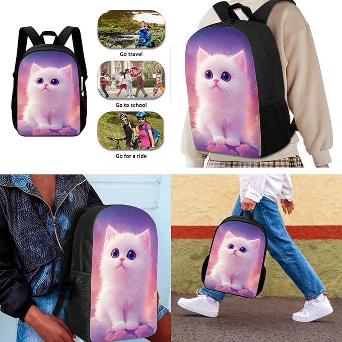 Dolyues White Cat 17-inch School Backpack, Convenient Dual-Shoulder Lunch Bag, & Practical Pencil Pouch – Ideal for Organizing School Supplies & Meals