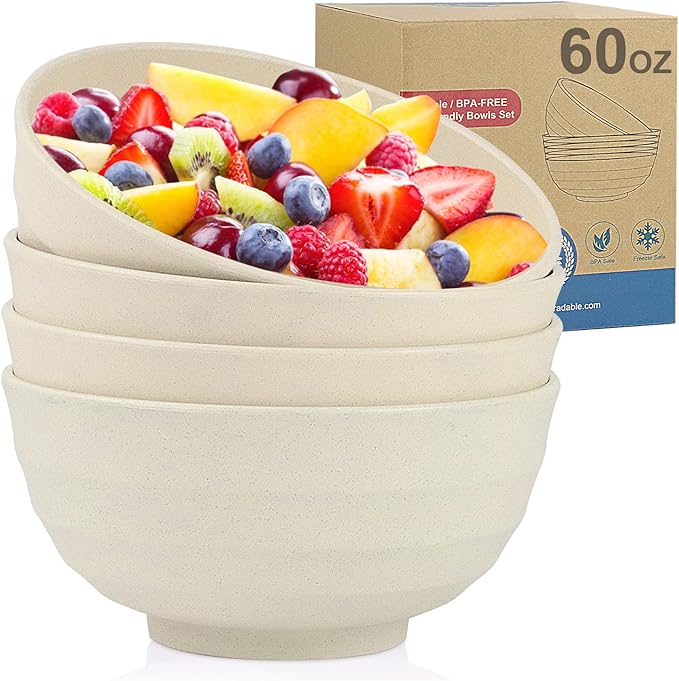 Wheat Straw Bowl Sets,4 PCS Unbreakable Cereal Bowl 60 OZ,Microwave and Dishwasher Safe Bowls,Super Big Bowl Sets BPA Free Bowls for Serving Soup,Oatmeal and Salad Etc…