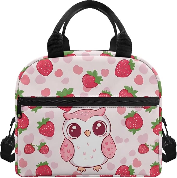 Showudesigns Owl Lunch Bag for Kids Girls Lunch Boxes for School 10-12 Strawberry Bento Cooler Bag Cute Insulated Lunchbox Container Picnic Bags Crossbody Purse Pink