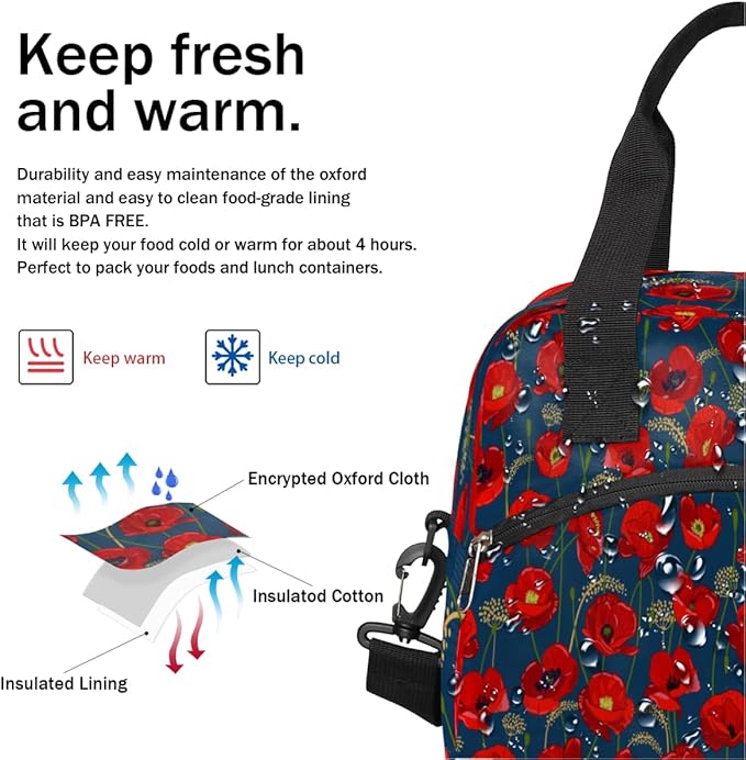 Insulated Lunch Bag for Women Men Poppies Pattern Leakproof Cooler Tote Bag Large Reusable Adult Lunch Box with Adjustable Shoulder Strap for Office Work Picnic Travel Beach