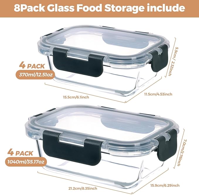 8 Pack Glass Food Storage Containers with Airtight Lids,Glass Meal Prep Containers with, Bento Boxes, Airtight Lunch Containers, Microwave,Oven, Freezer, Dishwasher