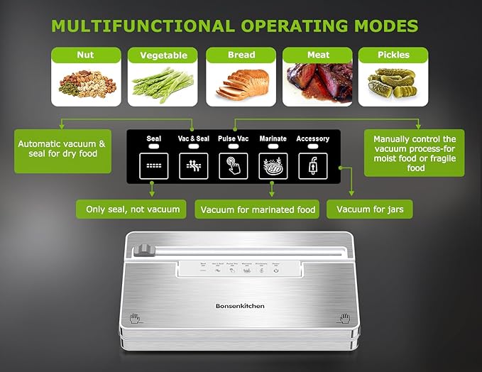 Bonsenkitchen Vacuum Sealer Machine, Stainless Steel Food Sealer Vacuum Sealers with 30 Bags & 1 Roll, 5 Food Vacuum Modes, Built-in Cutter & Bag Storage, Climate Pledge Friendly (White Silver)