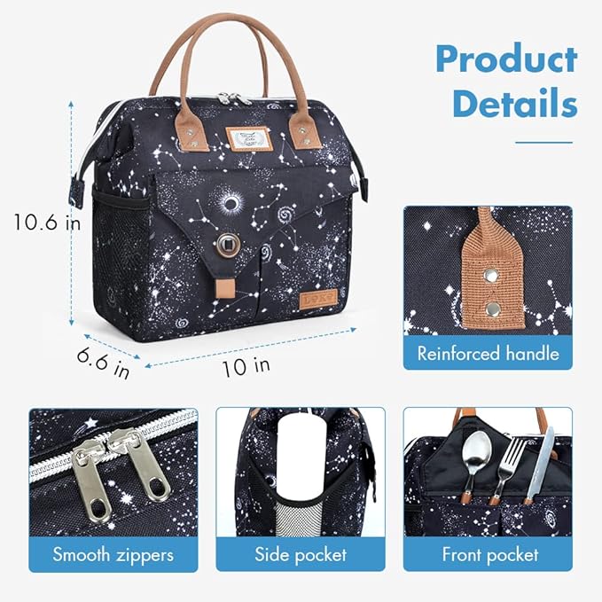 Lekesky Lunch Box Women Men Lunch Bag Wide-Open Lunch Tote Bag, Black