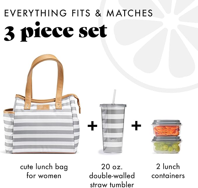 Fit & Fresh Lunch Bag For Women, Insulated Womens Lunch Bag For Work, Leakproof & Stain-Resistant Large Lunch Box For Women With Containers and Matching Tumbler, Zipper, Westerly Lunch Bag, Grey Strip