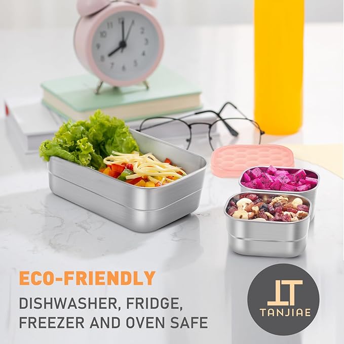 Small Stainless Steel Lunch Containers for Kids | Leak Proof Snack Containers with Silicone Lids - Perfect Metal Lunch Box with Lids for School and Daycare (25oz+8oz*2)
