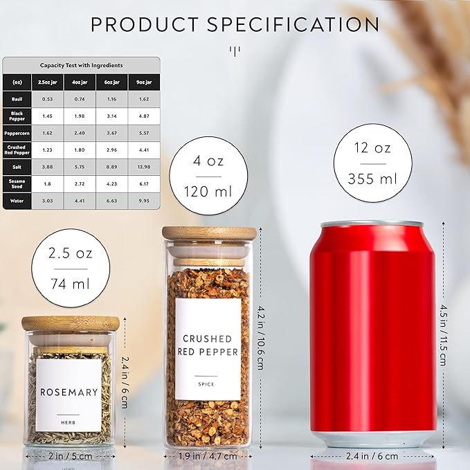 Laramaid 4oz 20Pack Spice Jars with Minimalist Spice Labels, Round Jar Canisters with Polished Bamboo Lids, Adjustable Measuring Spoon, Black Pen, Cleaning Brush & Collapsible Silicone Funnel
