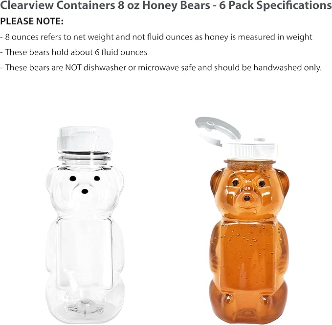 6 Pack of 8 Ounce Honey Bears with Sealable White Flip Top Lids (8 oz. Bear, 6pk, White)