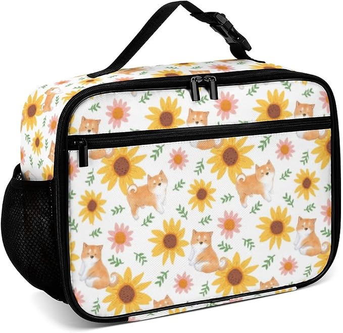 Dog Sunflower Reusable Lunch Box Insulated Lunch Bag Cooler Bag Lunchbox Meal Food Container Tote Bag for Women Kids Girls School Camping Hiking Picnic Beach Travel