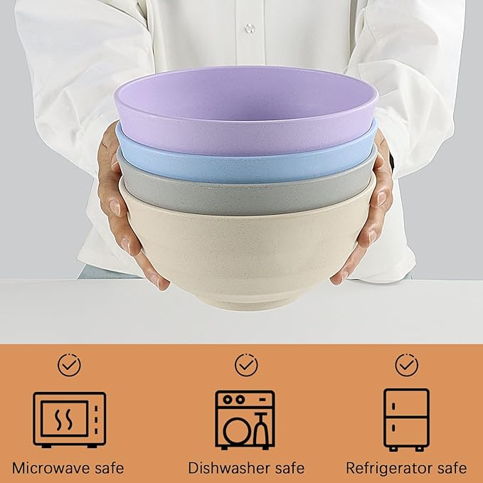 Wheat Straw Bowl Sets,4 PCS Unbreakable Cereal Bowl 60 OZ,Microwave and Dishwasher Safe Bowls,Super Big Bowl Sets BPA Free Large Salad Bowls for Serving Soup,Oatmeal and Fruit Etc…