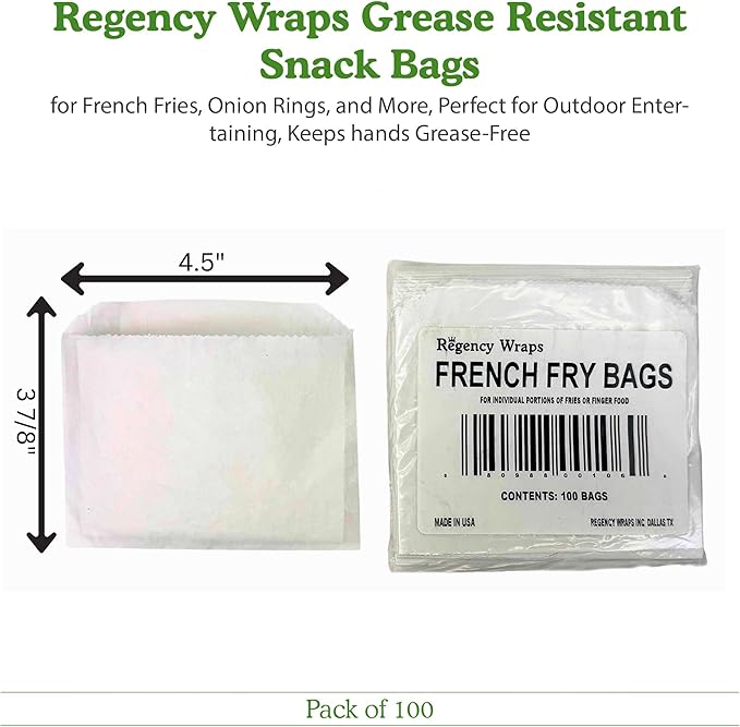 Regency Wraps Grease Resistant Snack Bags, Serving Bag for French Fries, Onion Rings, and More, Perfect for Outdoor Entertaining, Keeps hands Grease-Free, Pack of 100
