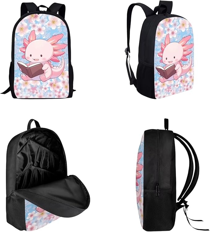 Dolyues Cherry Blossom Axolotl Cute Girls' Backpack Set for Elementary School - 3-Piece Bookbag with Lunch Bag & Pencil Case - Stylish and Functional School Essentials for Kids