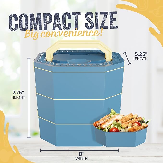 Stainless Steel Stackable Bento Box Adult Lunch Box with Cutlery - Hot/Cold - Separates Ideal Portion Sizes - Reusable Tin Inserts - Dishwasher Safe - Stackable Lunch Container for Adults with Spork