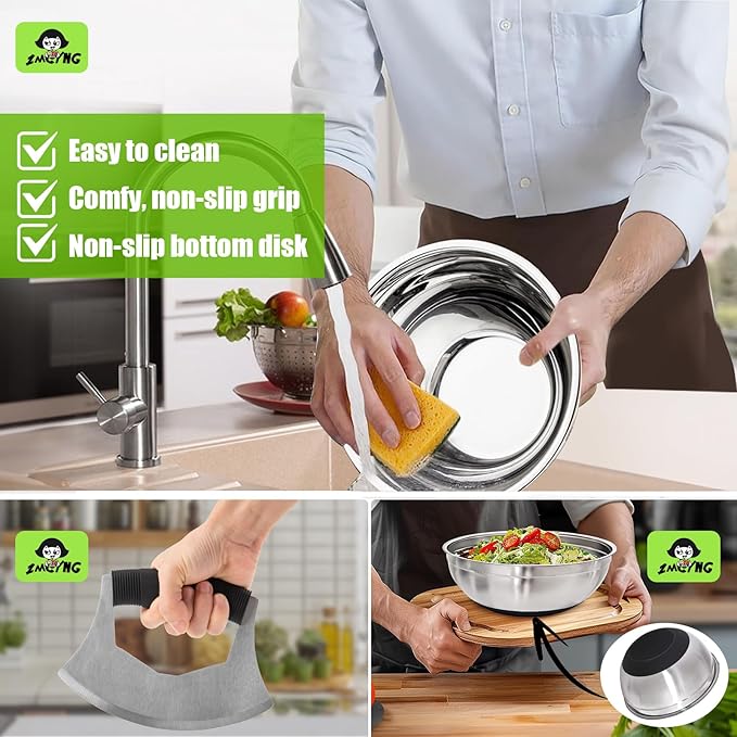 Salad Chopper Bowl - Stainless Steel Salad Chopping Bowl, Salad Chopper Bowl and Cutter with Lid, Chef Grade Salad Chopper Blade and Bowl, Mezzaluna Mincing Knife, Super-fast Salad Prep