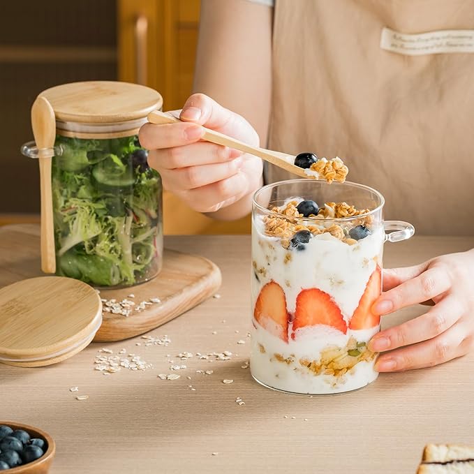 6 Pack 16oz Glass Jars with Bamboo Lids and Spoons,Overnight Oats Container,Glass Containers for Yogurt,Salad,Sugar,Oatmeal,Cereal,Meal prep and Chia pudding