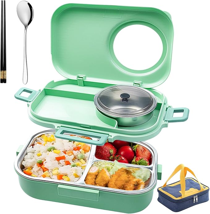 3 Compartments Bento Lunch box with Soup Bowl, Insulated Lunch Bag and Portable Utensils, Stainless Steel Camera Lunch Containers,Leak Proof Bento Box for Kids Adults Men Women…