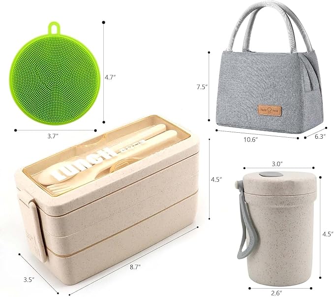 Bento Box Japanese Lunch Box Kit Leakproof Bento Lunch Box for Kids Adults Wheat Straw 3 Layer Stackable Lunch Containers with Compartment Eco-Friendly Meal Prep Containers (Beige)
